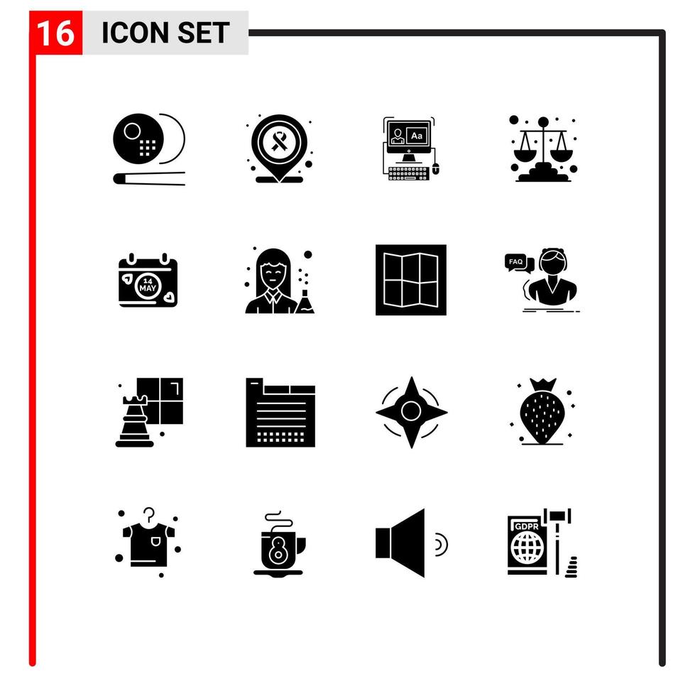 16 Creative Icons Modern Signs and Symbols of day calendar screen scales justice Editable Vector Design Elements