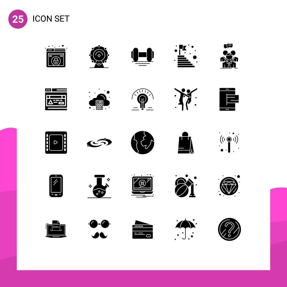 25 Universal Solid Glyphs Set for Web and Mobile Applications group steps dumbbell mountain age Editable Vector Design Elements