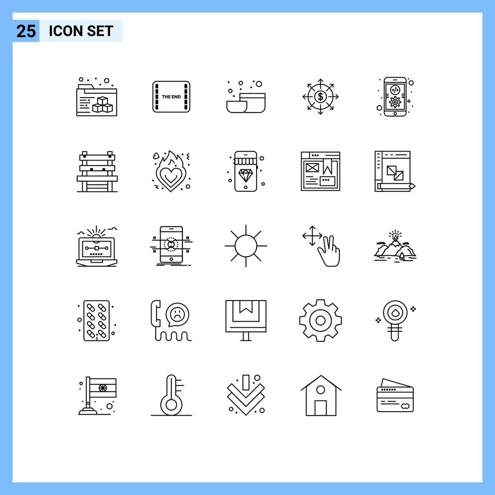 25 líneas vectoriales temáticas y símbolos editables de la herramienta de desarrollo de sillas que codifican elementos de diseño vectorial editables en efectivo vector