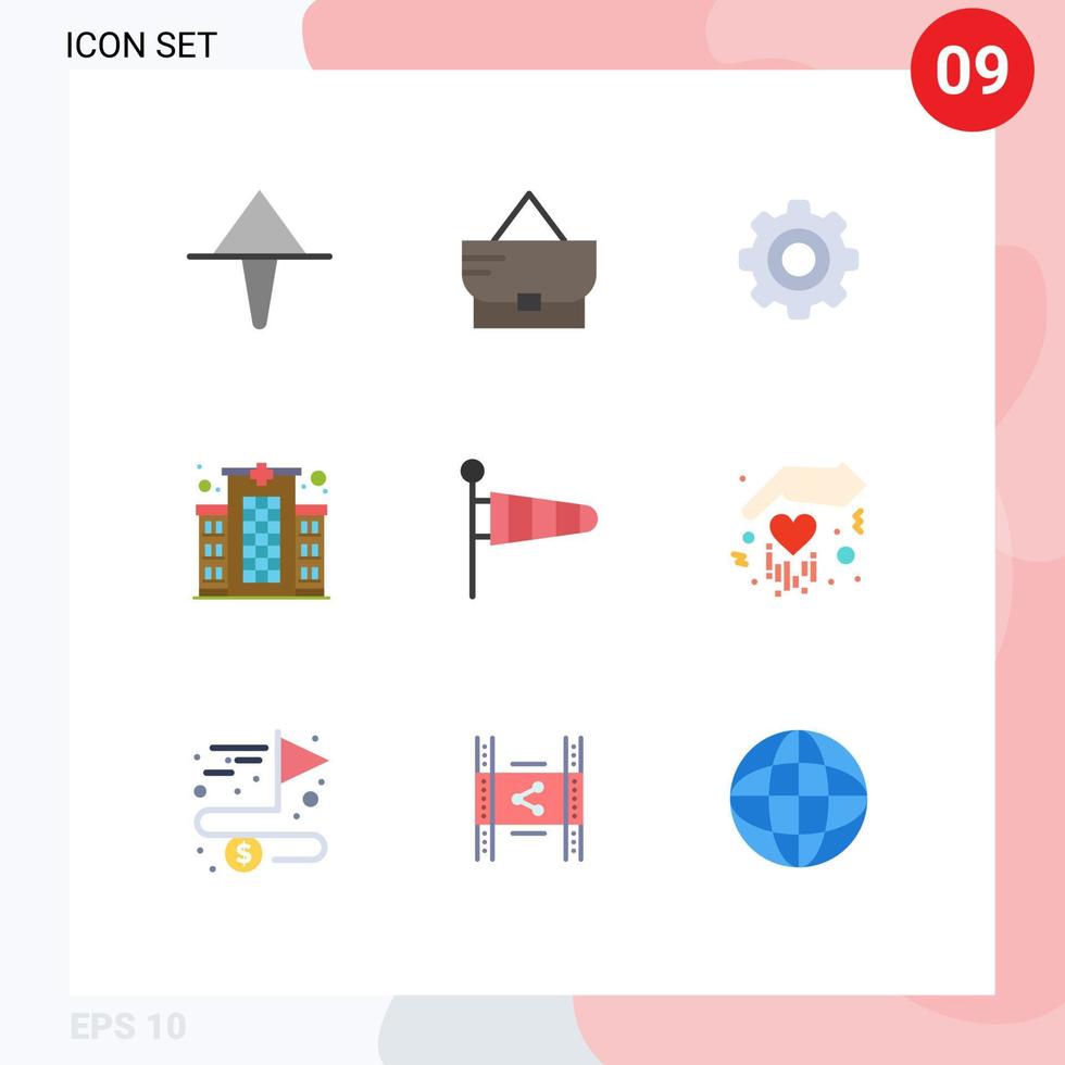 9 User Interface Flat Color Pack of modern Signs and Symbols of wind parachute gear nature hospital Editable Vector Design Elements