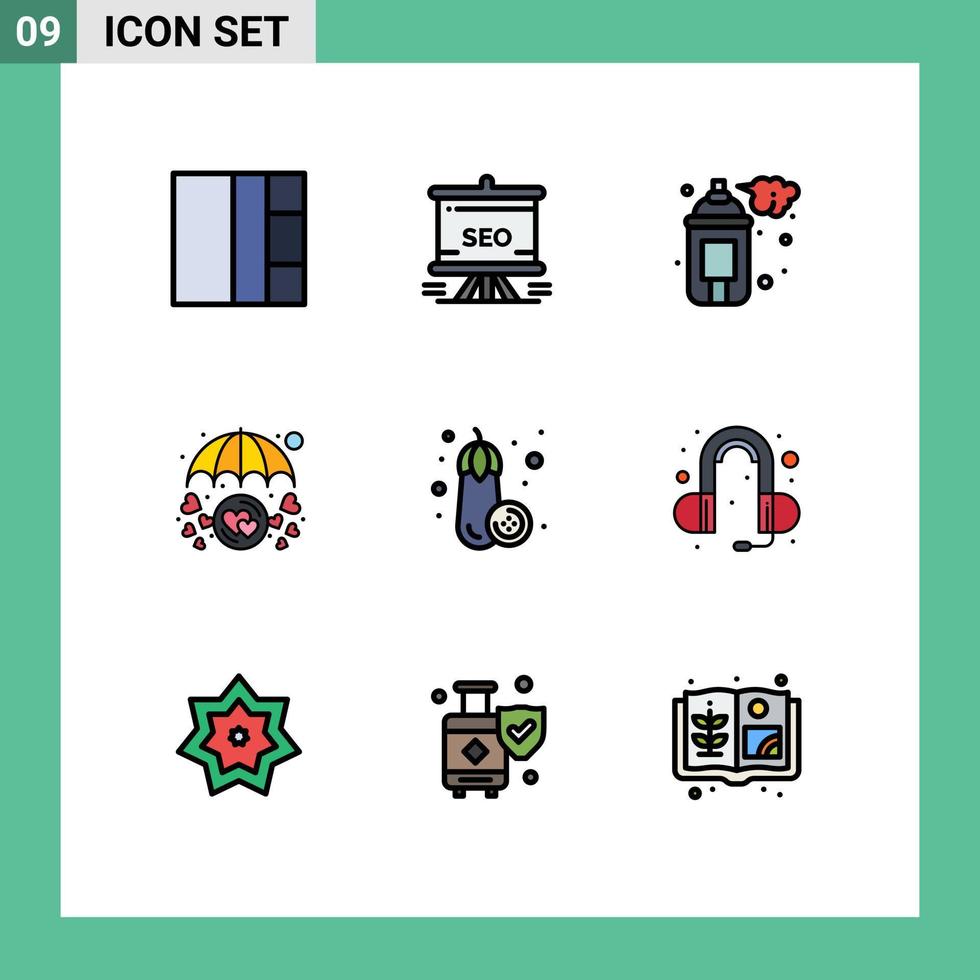 conjunto de 9 iconos modernos de la interfaz de usuario símbolos signos para la protección del arte del paraguas de los alimentos en el amor elementos de diseño vectorial editables vector
