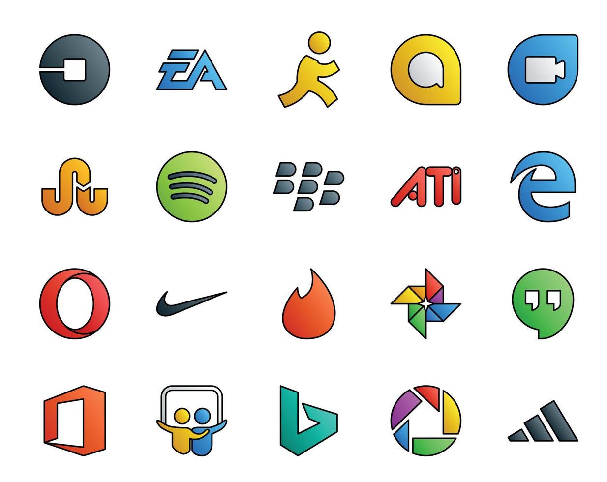 paquete de 20 iconos de redes sociales que incluye foto nike google duo opera ati vector