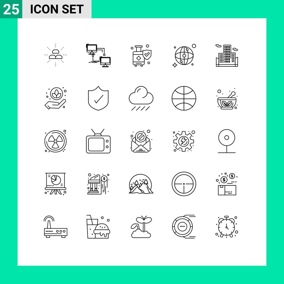 paquete de 25 líneas modernas, signos y símbolos para medios de impresión web, como la construcción de mapas, sincronización, escudo mundial, elementos de diseño de vectores editables