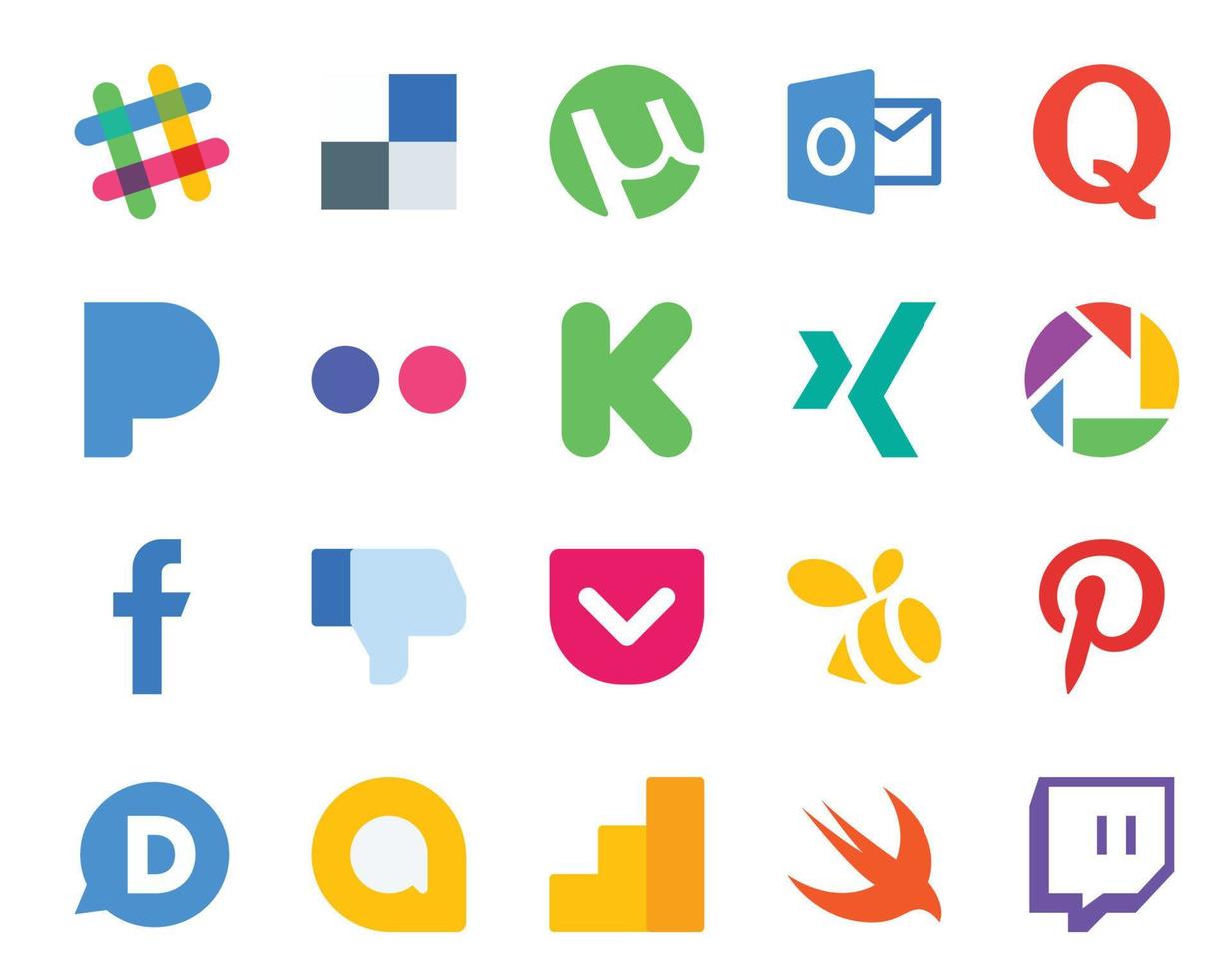 paquete de 20 íconos de redes sociales que incluye disqus swarm flickr pocket facebook vector