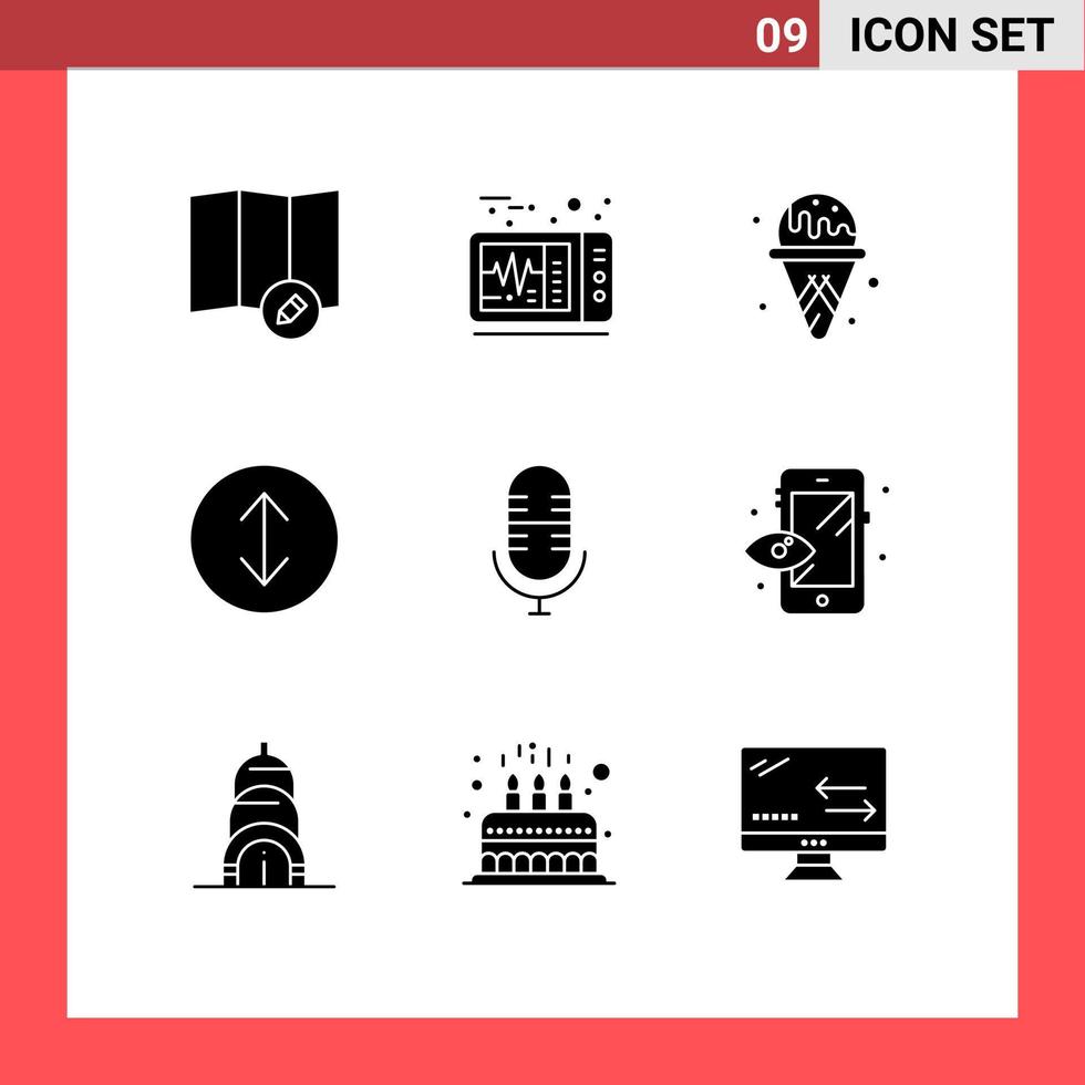 Pack of 9 Modern Solid Glyphs Signs and Symbols for Web Print Media such as building preview arrows process microphone Editable Vector Design Elements