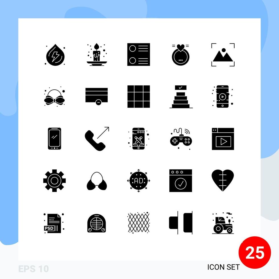 conjunto moderno de 25 pictogramas de glifos sólidos de fotografía lista de enfoque cultivo amor elementos de diseño vectorial editables vector