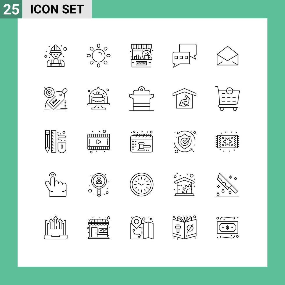 User Interface Pack of 25 Basic Lines of mail mail bar chat shop Editable Vector Design Elements