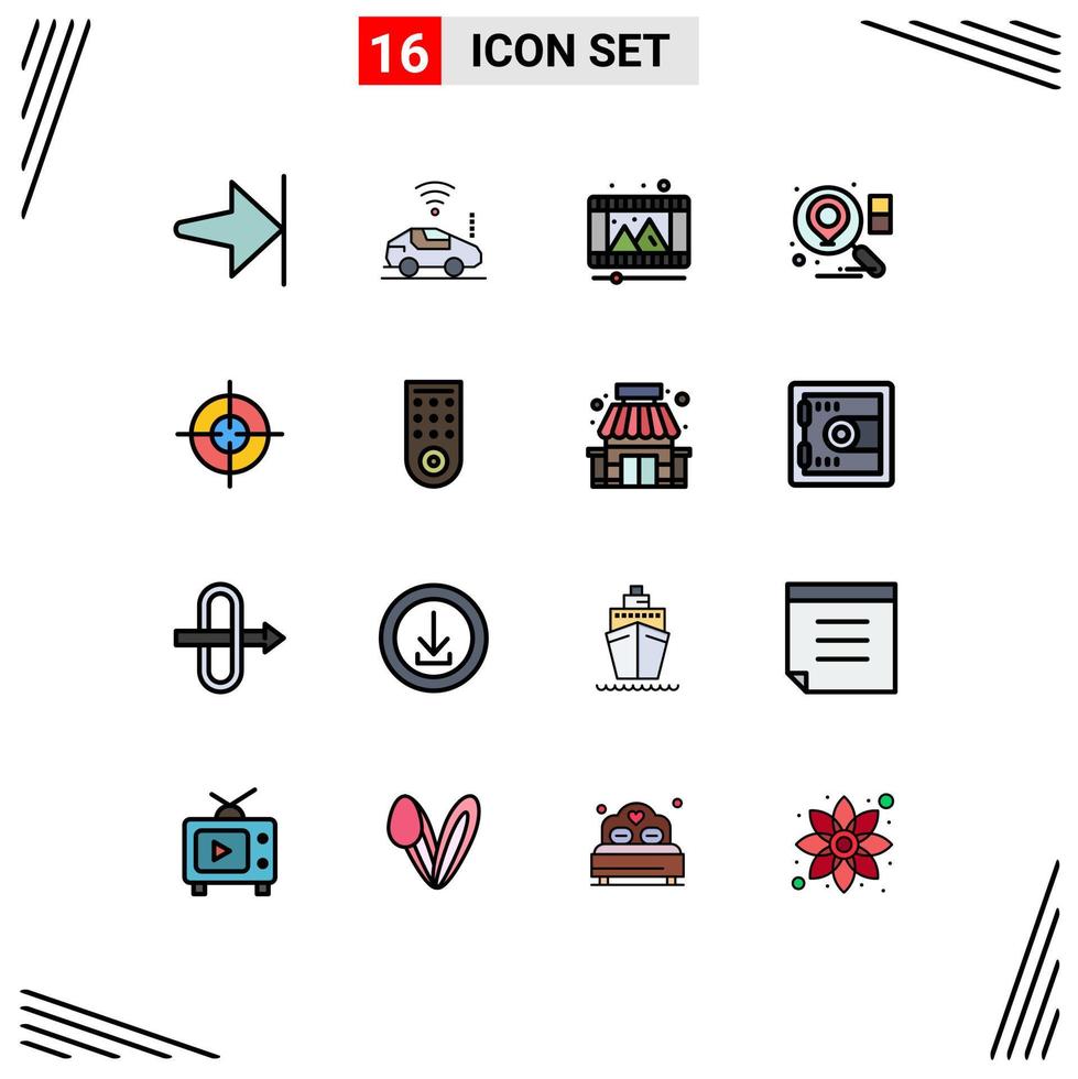 16 Thematic Vector Flat Color Filled Lines and Editable Symbols of control aim play store target search Editable Creative Vector Design Elements