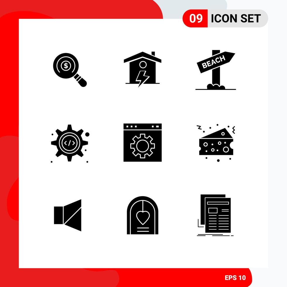 Pictogram Set of 9 Simple Solid Glyphs of gear gear beach source code html Editable Vector Design Elements