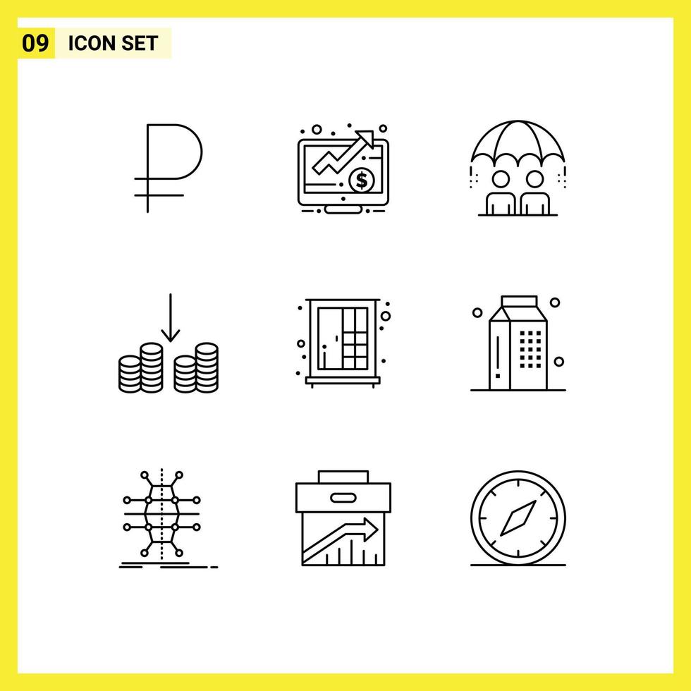 Modern Set of 9 Outlines Pictograph of interior cupboard business money cash Editable Vector Design Elements