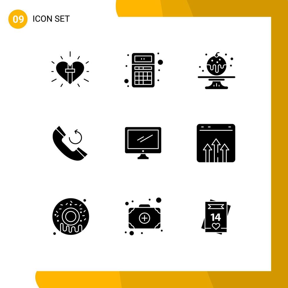 Pack of 9 Modern Solid Glyphs Signs and Symbols for Web Print Media such as monitor callback calculator phone cake Editable Vector Design Elements