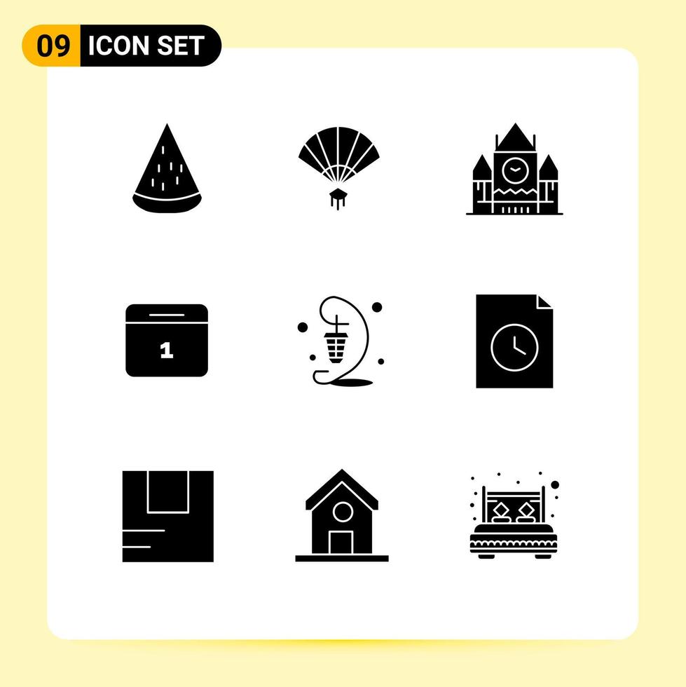 Pack of 9 Modern Solid Glyphs Signs and Symbols for Web Print Media such as lantern month chinese date landmark Editable Vector Design Elements