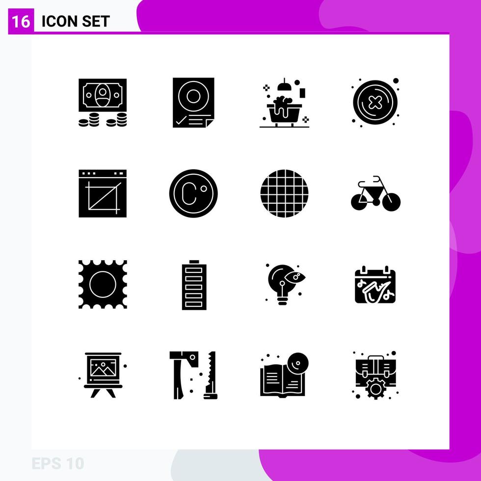 Set of 16 Vector Solid Glyphs on Grid for crop button bath delete close Editable Vector Design Elements