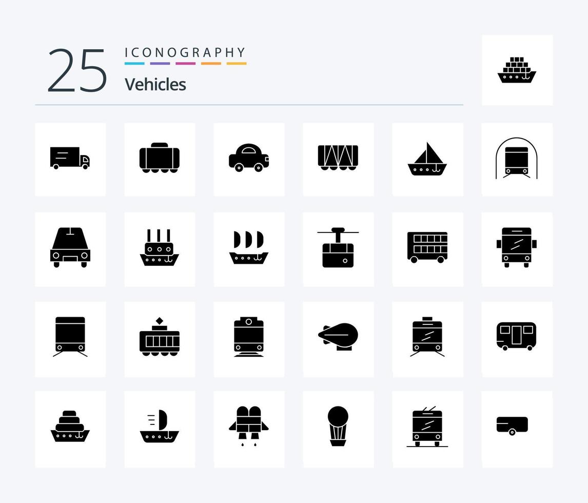 Vehicles 25 Solid Glyph icon pack including metro. vehicles. vehicles. ship. boat vector