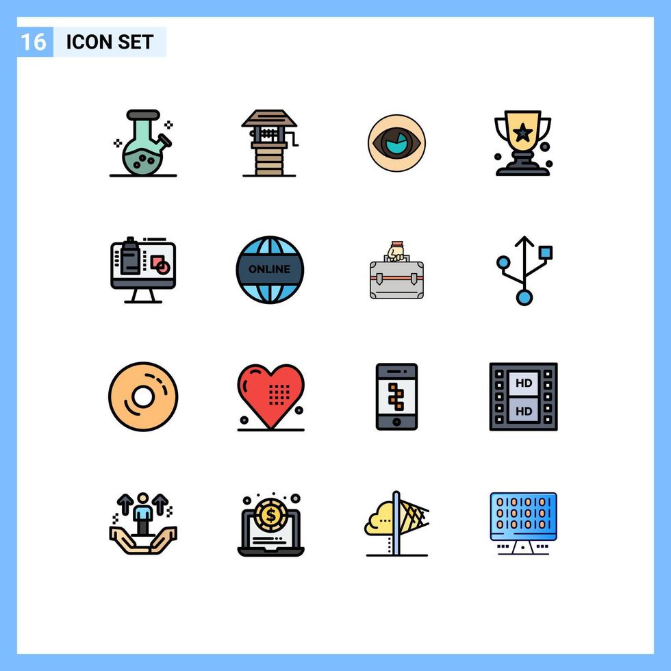 paquete de líneas llenas de color plano de 16 símbolos universales de datos computadora ojo ganador premio elementos de diseño de vectores creativos editables