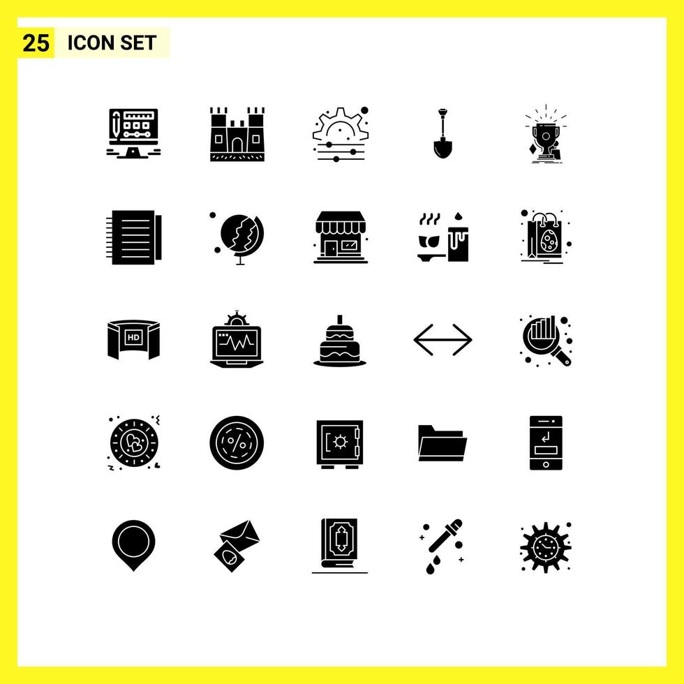 Group of 25 Modern Solid Glyphs Set for trophies game gear awards repair Editable Vector Design Elements