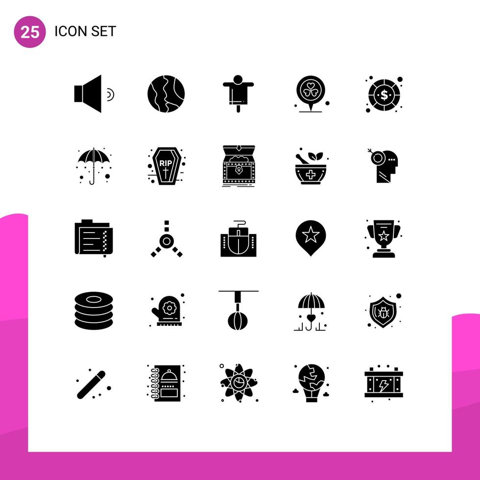 conjunto moderno de 25 pictogramas de glifos sólidos de moneda corazón agricultura pin flor elementos de diseño vectorial editables vector