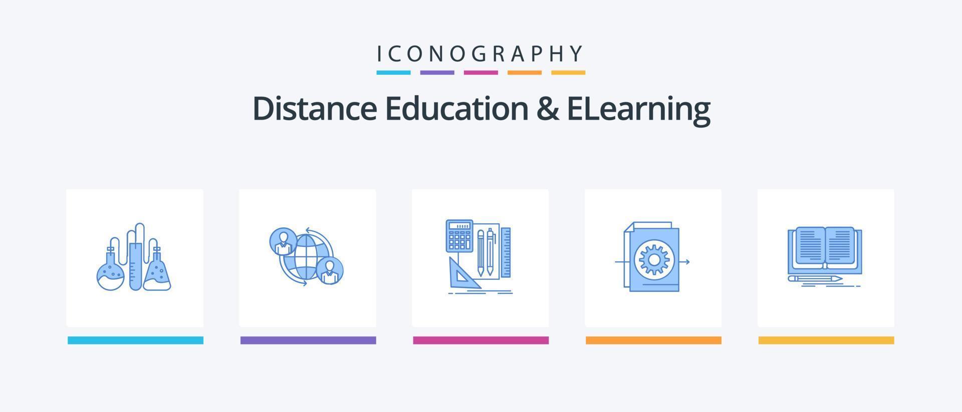 paquete de iconos azul 5 de educación a distancia y aprendizaje electrónico que incluye escritura. engranaje. global. expediente. lápiz. diseño de iconos creativos vector