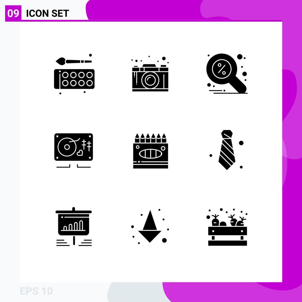 Group of 9 Modern Solid Glyphs Set for wedding love graphic music magnifier Editable Vector Design Elements