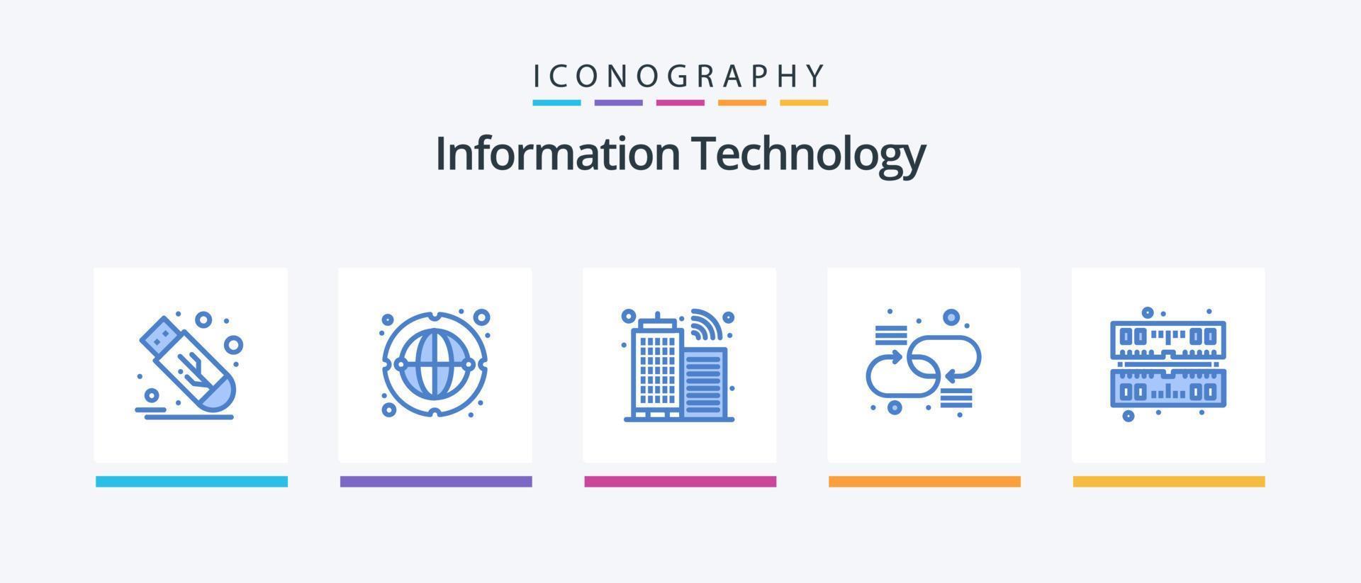 Information Technology Blue 5 Icon Pack Including ram. computer. building. network. connection. Creative Icons Design vector