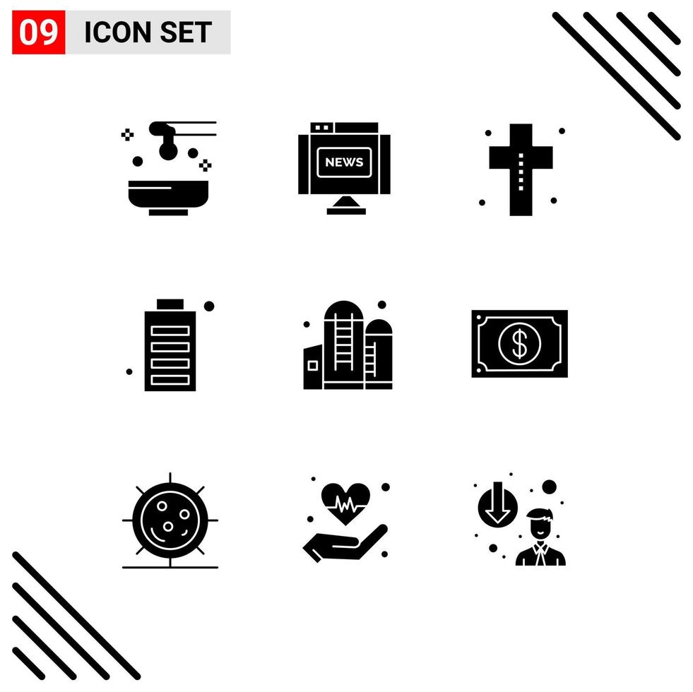 Group of 9 Solid Glyphs Signs and Symbols for full charge news battery halloween Editable Vector Design Elements