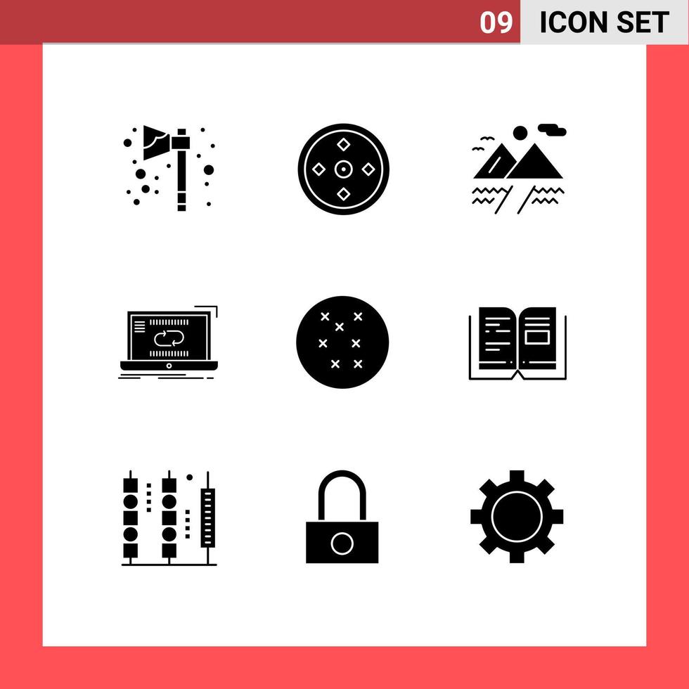 9 Universal Solid Glyphs Set for Web and Mobile Applications book synchronization camping sync connection Editable Vector Design Elements