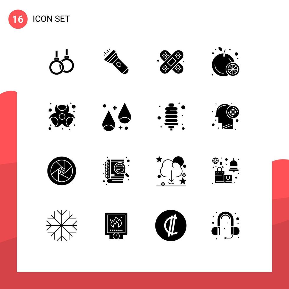 Mobile Interface Solid Glyph Set of 16 Pictograms of hazardous biohazard aid chemical fruit Editable Vector Design Elements
