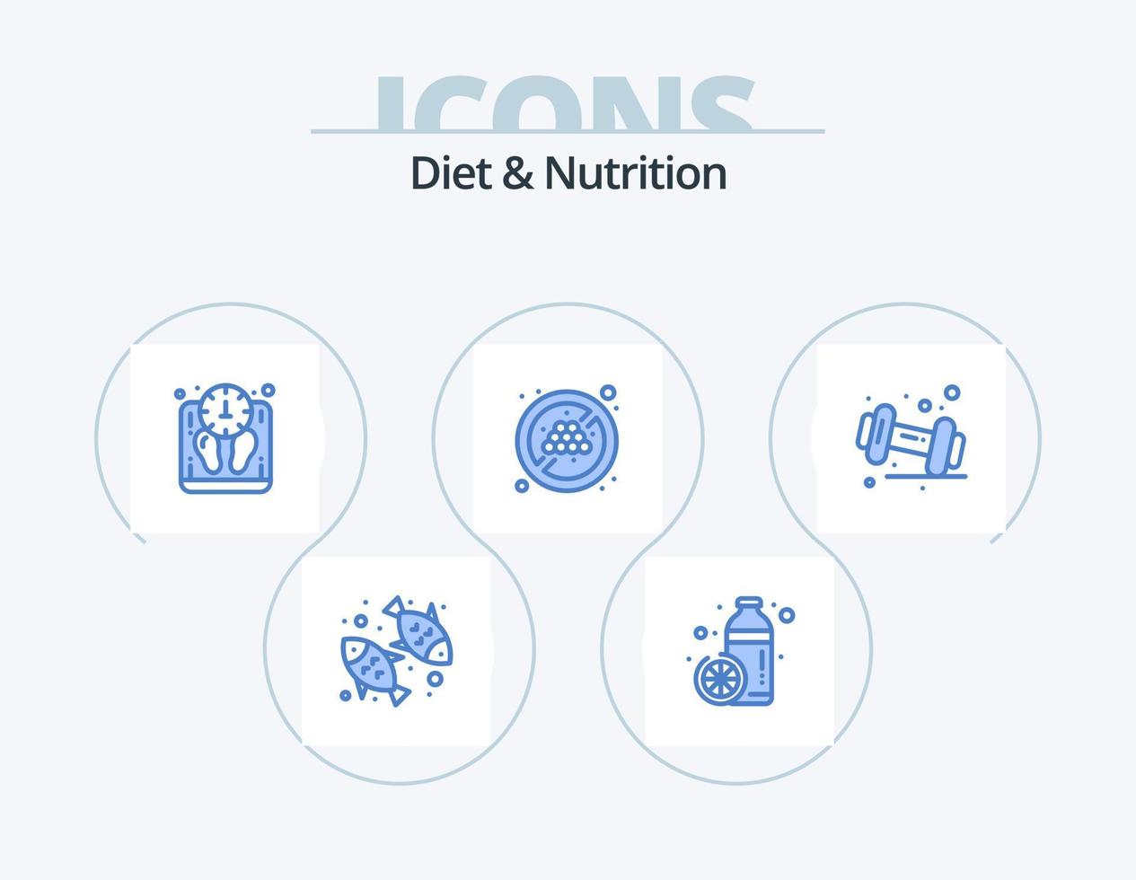 Diet And Nutrition Blue Icon Pack 5 Icon Design. dumbbell. organic. orange. fruit no grape. scale vector