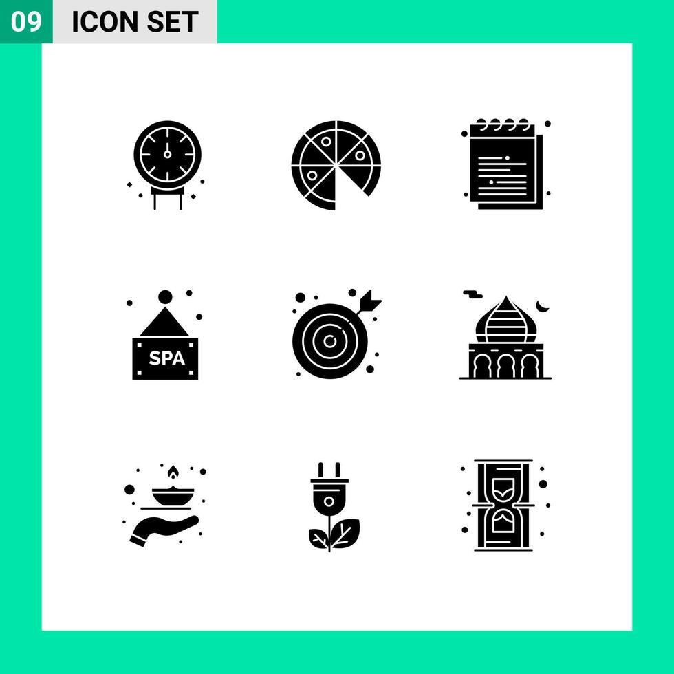 Solid Glyph Pack of 9 Universal Symbols of office bulls eye education spa sign sign Editable Vector Design Elements