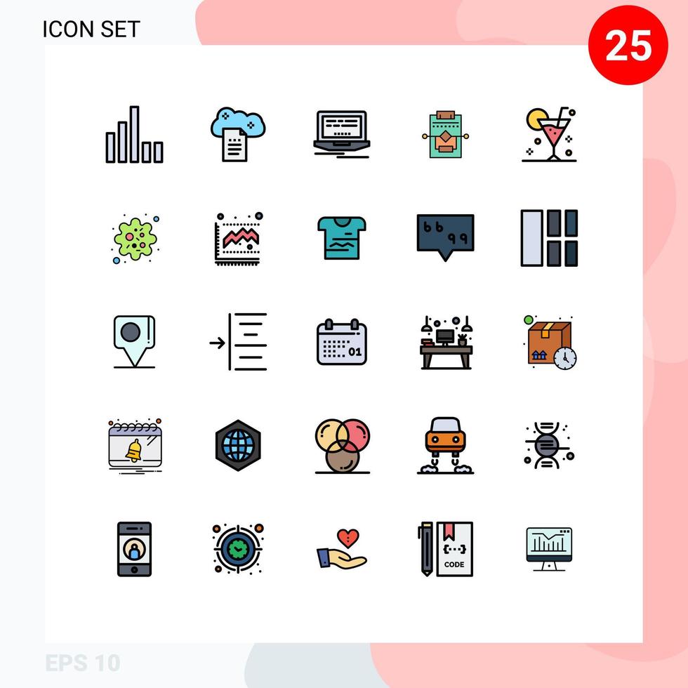25 User Interface Filled line Flat Color Pack of modern Signs and Symbols of cocktail beach laptop settings network Editable Vector Design Elements