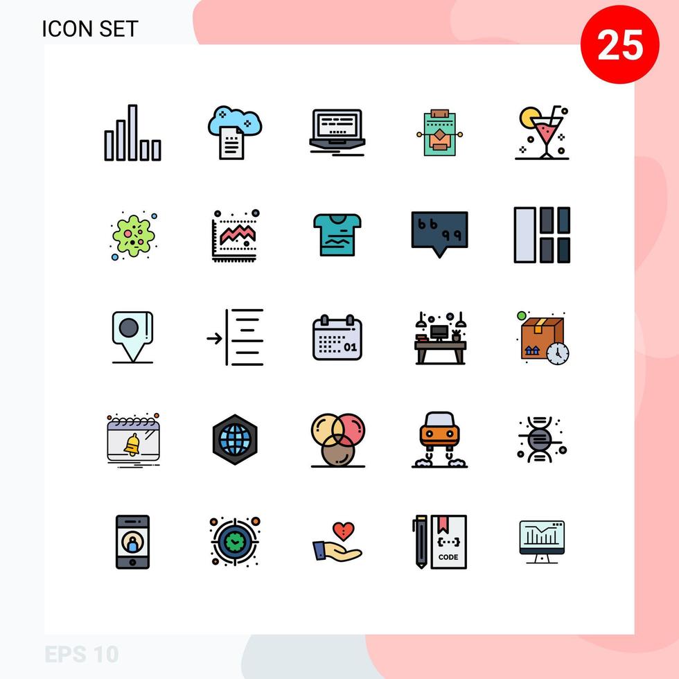 Paquete de color plano de línea llena de interfaz de usuario de 25 de signos y símbolos modernos de configuración de computadora portátil de playa de cóctel elementos de diseño de vector editables de red