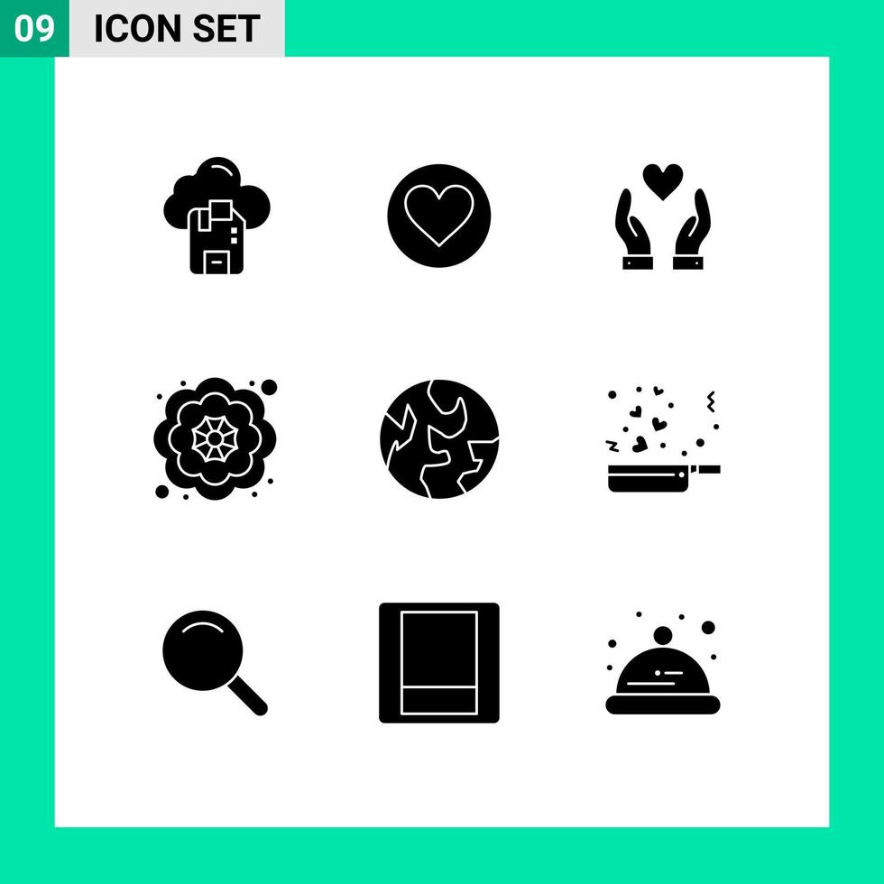 Solid Glyph Pack of 9 Universal Symbols of cooking planet hand earth flower Editable Vector Design Elements