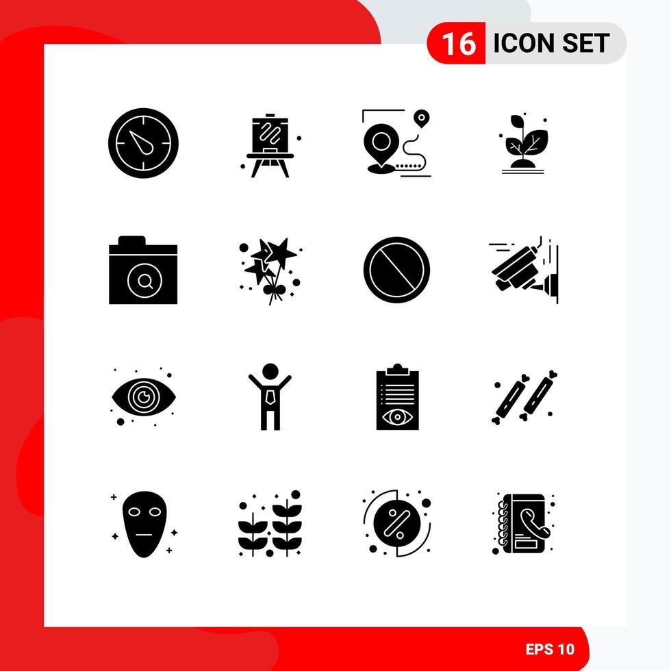 Mobile Interface Solid Glyph Set of 16 Pictograms of find search target success grow Editable Vector Design Elements