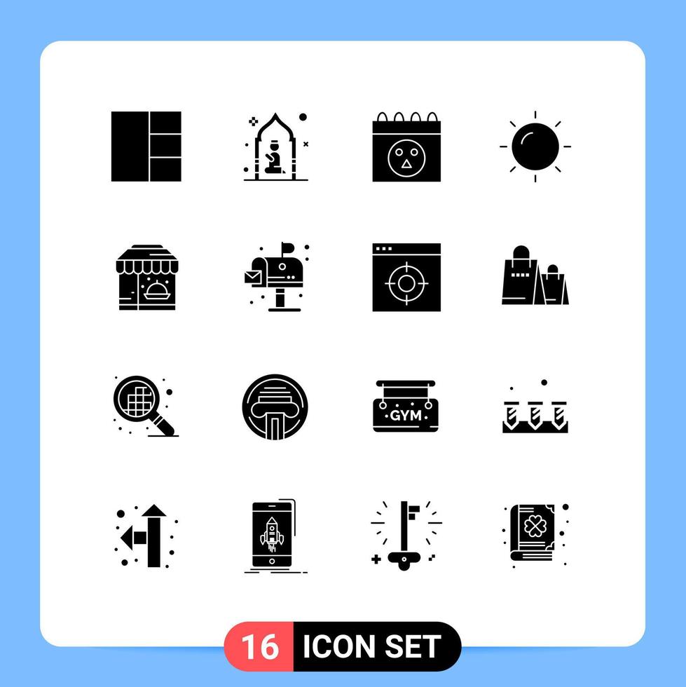 16 User Interface Solid Glyph Pack of modern Signs and Symbols of food life halloween city sun Editable Vector Design Elements