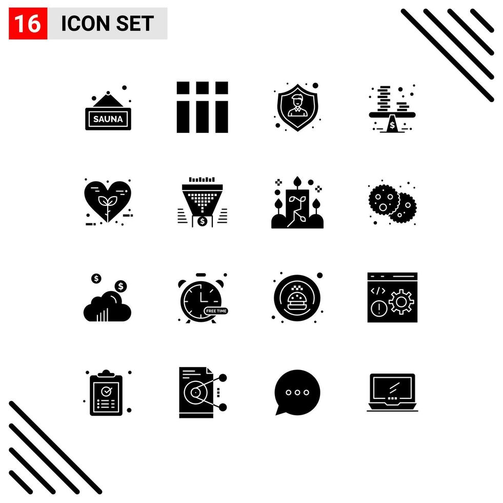 Modern Set of 16 Solid Glyphs and symbols such as bio profit insurance money balance Editable Vector Design Elements