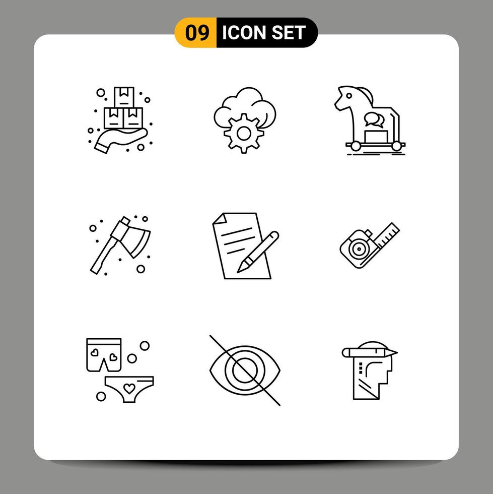 Set of 9 Modern UI Icons Symbols Signs for file camping cybercrime axe virus Editable Vector Design Elements