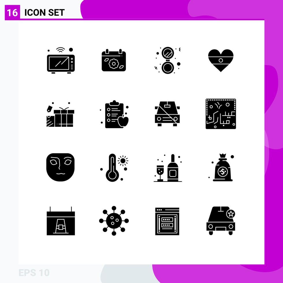 Set of 16 Commercial Solid Glyphs pack for gift heart spring flg solid Editable Vector Design Elements