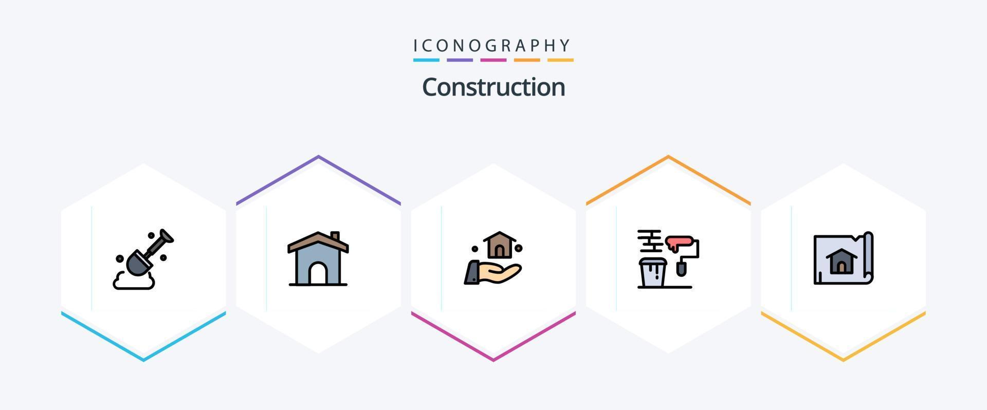 Construction 25 FilledLine icon pack including map. building. build. tools. painting vector