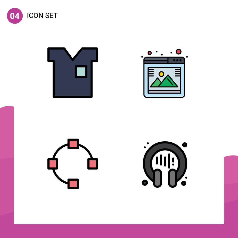 paquete de color plano de línea de relleno de 4 símbolos universales de ropa camisa abierta puntos fotográficos elementos de diseño vectorial editables vector
