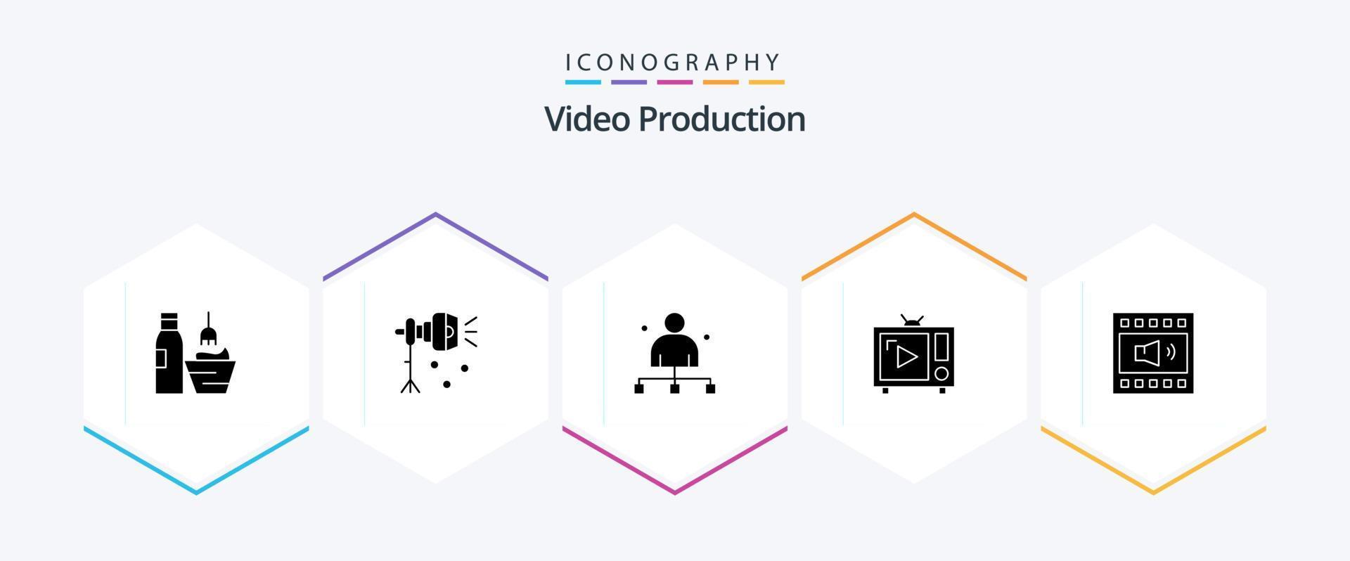 Video Production 25 Glyph icon pack including tv. antenna tv. spotlight. head. chief vector