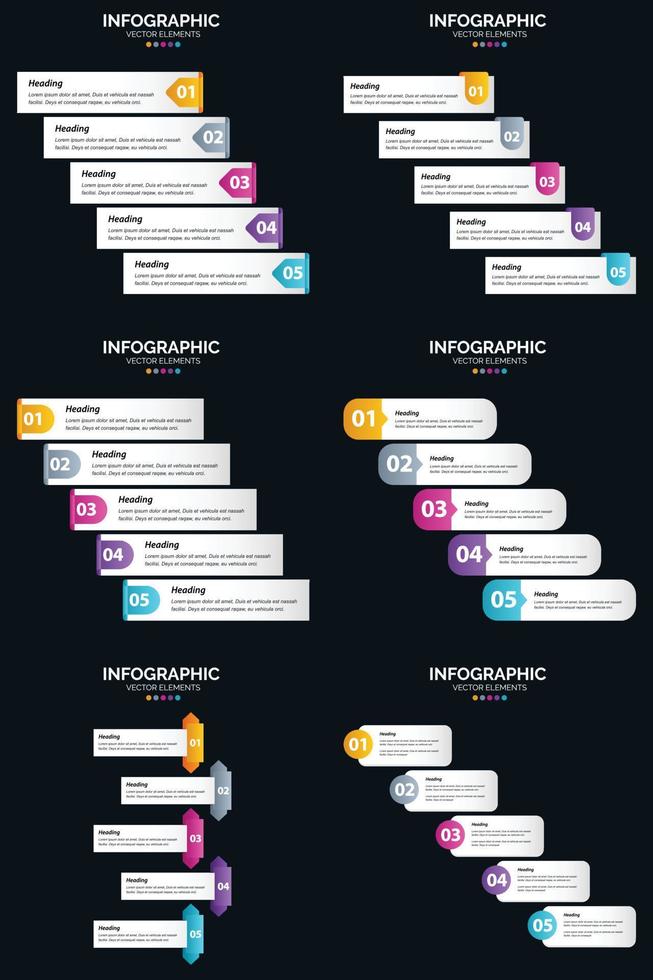 plantilla de diapositiva de presentación del paquete de infografías vectoriales 6 diagramas de ciclo de 5 pasos y líneas de tiempo vector