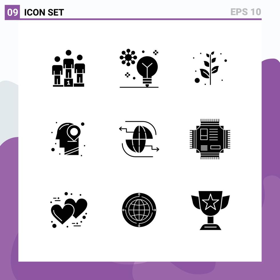 Pictogram Set of 9 Simple Solid Glyphs of globe mind machine learning map head Editable Vector Design Elements