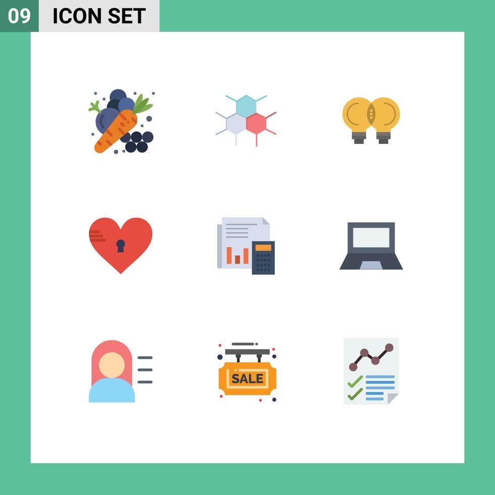 9 User Interface Flat Color Pack of modern Signs and Symbols of like heart health secure thinking Editable Vector Design Elements