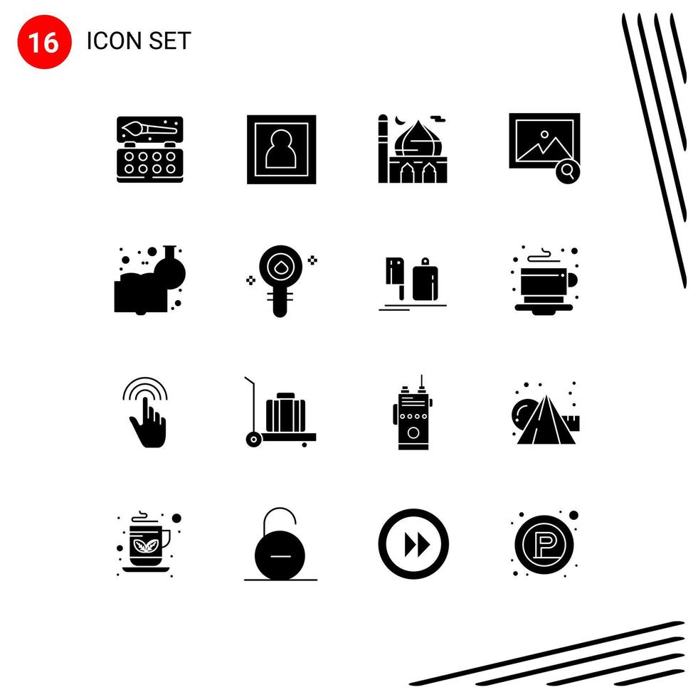 Group of 16 Modern Solid Glyphs Set for chemistry book search mosque photo pray Editable Vector Design Elements