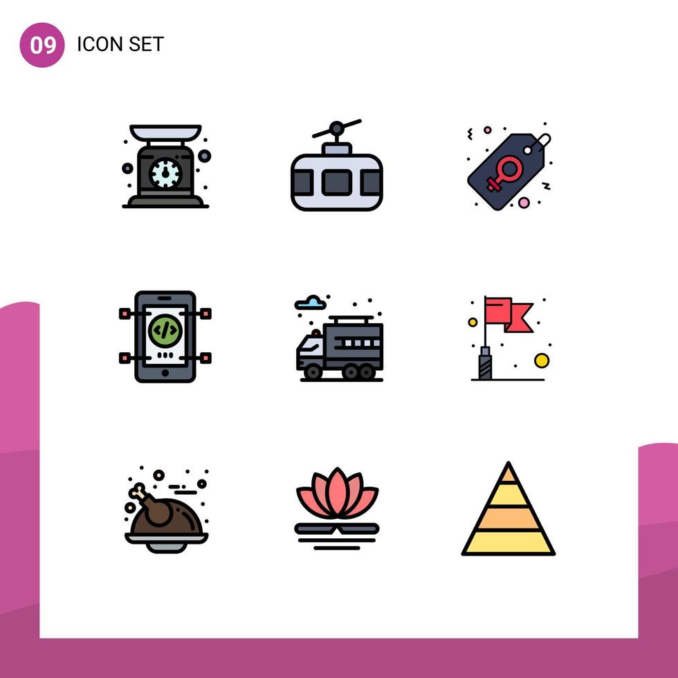 9 Thematic Vector Filledline Flat Colors and Editable Symbols of city development travel coding women sign Editable Vector Design Elements