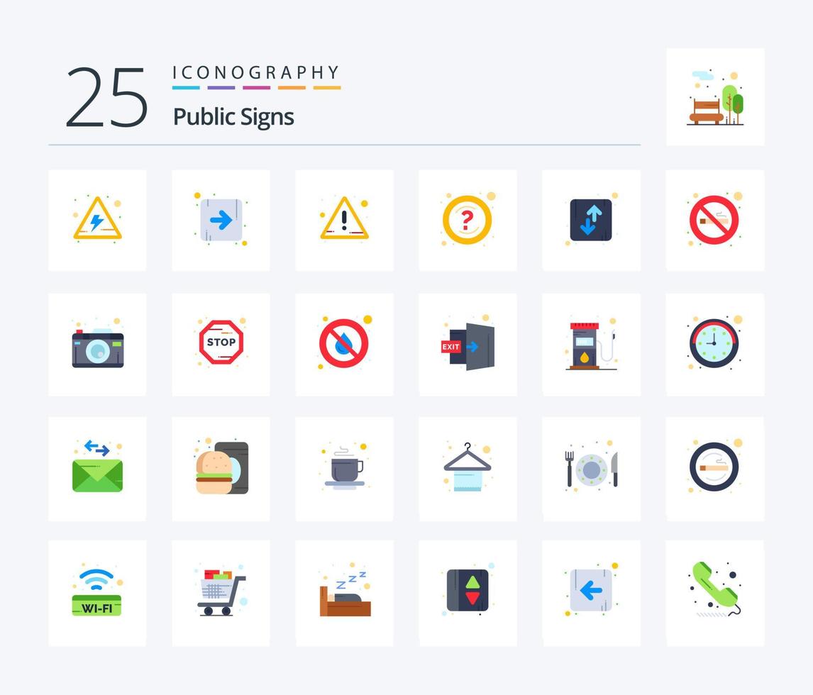 Public Signs 25 Flat Color icon pack including up. down. warning. direction. support vector