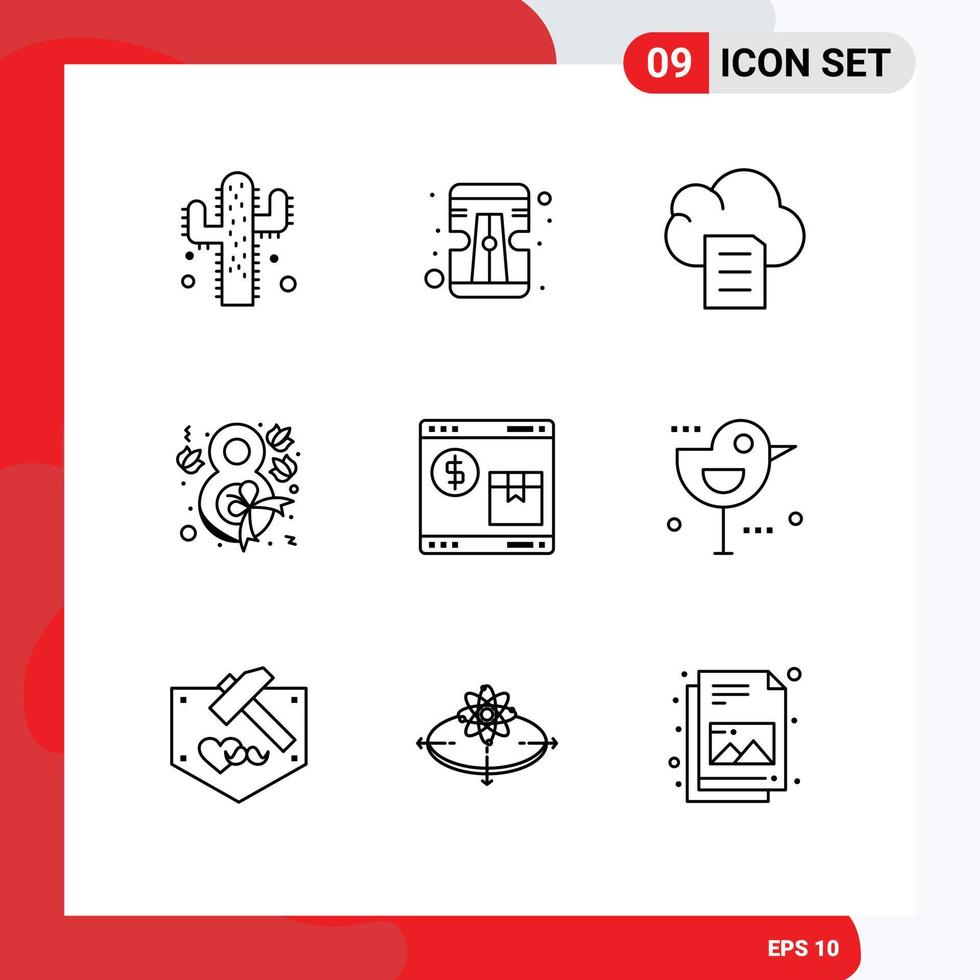 Mobile Interface Outline Set of 9 Pictograms of web shop document pack ribbon Editable Vector Design Elements