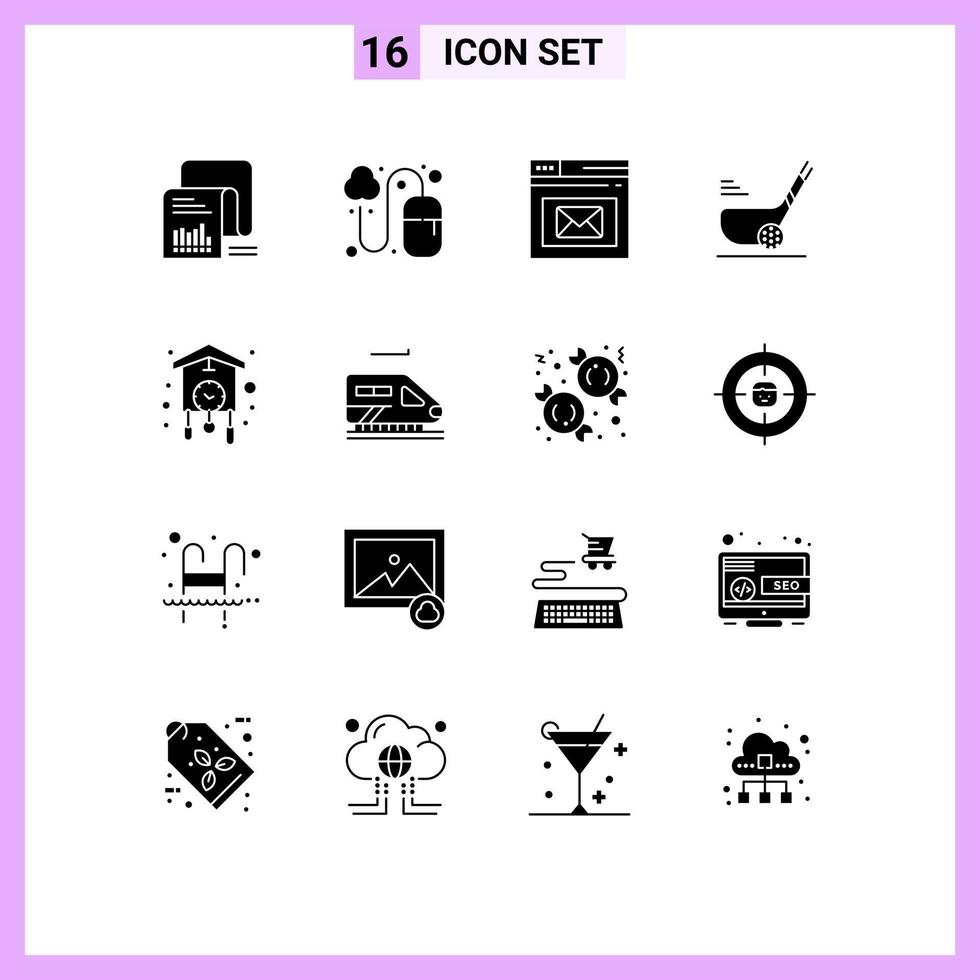 Mobile Interface Solid Glyph Set of 16 Pictograms of short stick grid golf page Editable Vector Design Elements