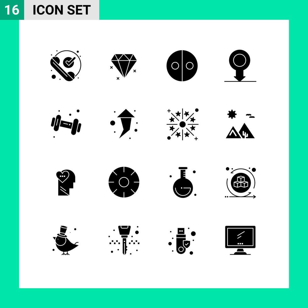 conjunto moderno de 16 glifos y símbolos sólidos, como elementos de diseño de vectores editables masculinos de dieta de signo de mancuerna de gimnasio