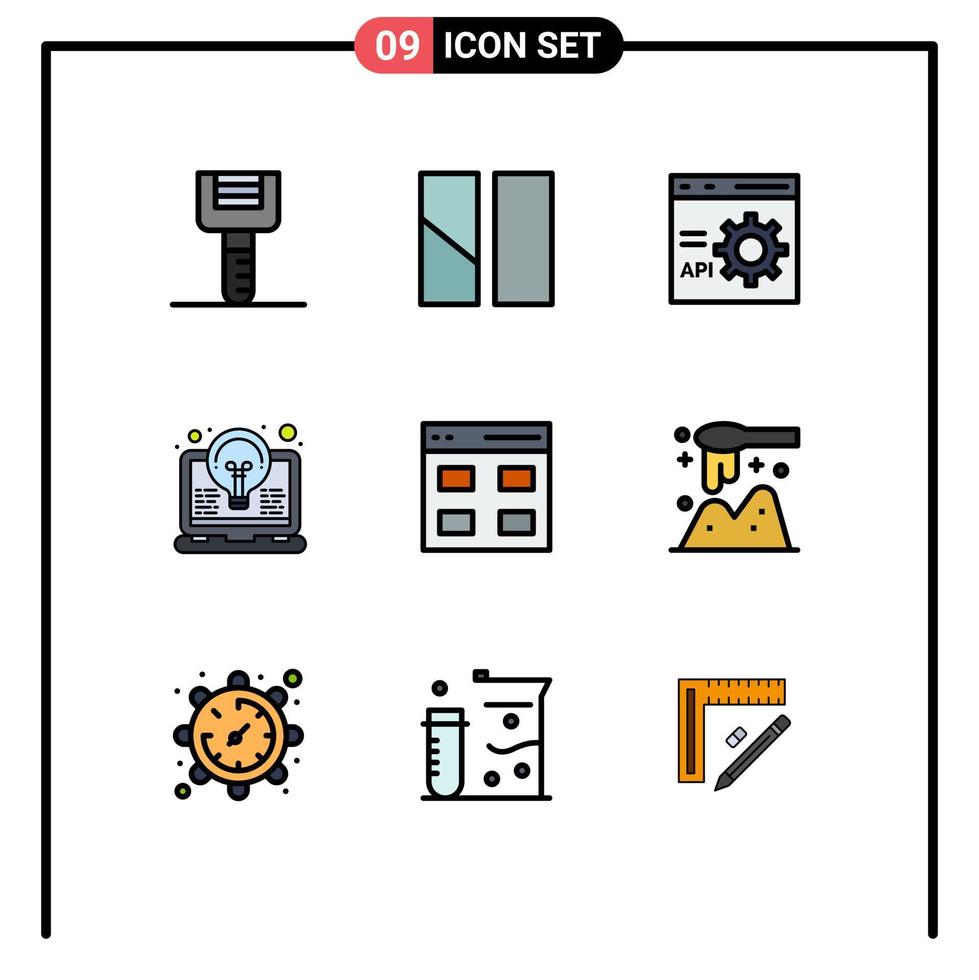 9 paquete de color plano de línea de relleno de interfaz de usuario de signos y símbolos modernos de programación de codificación de navegador de idea ligera elementos de diseño de vector editables